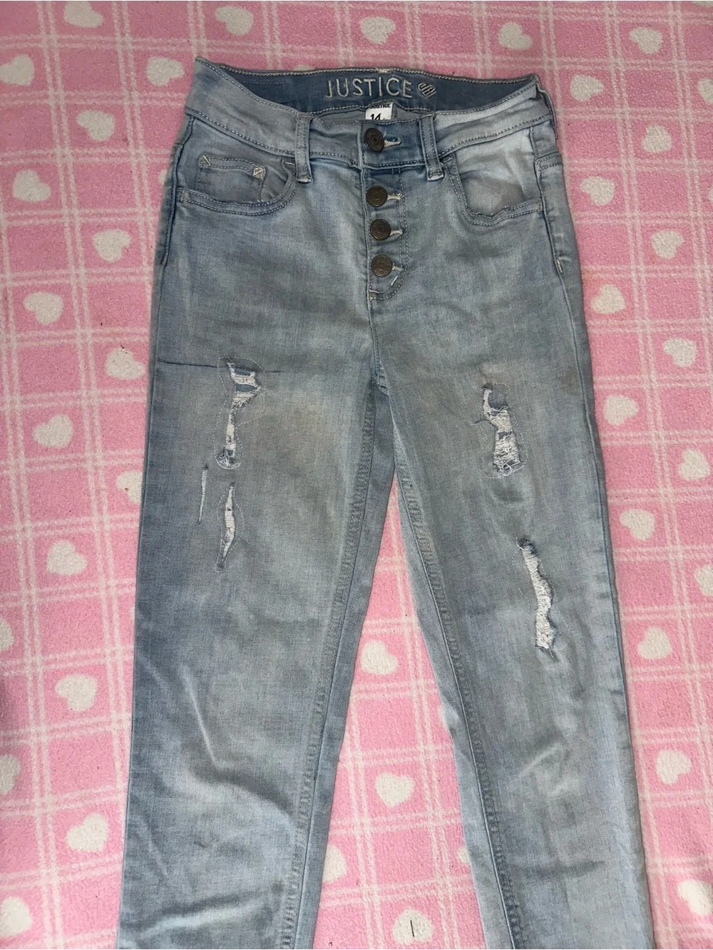 Justice Light Blue Distressed Button-Fly Jeans